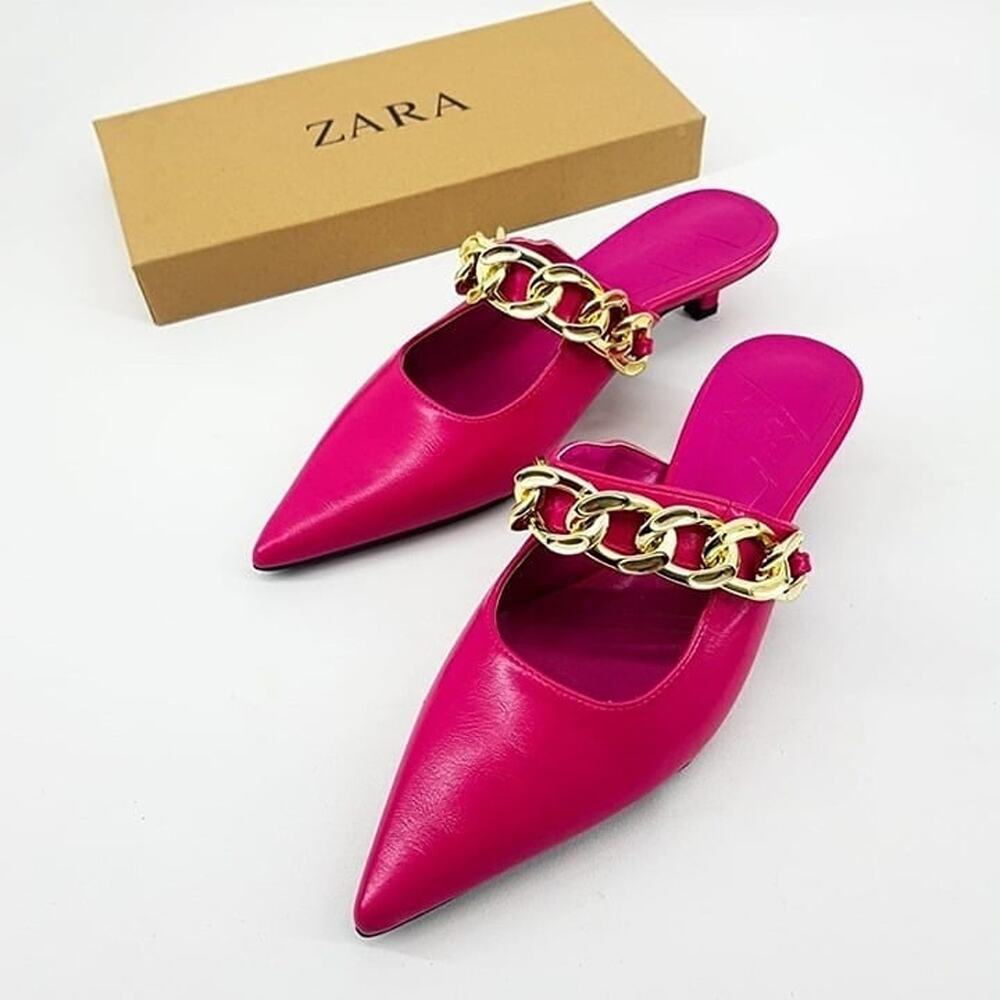ZARA Pink Chain Strap Mule Heels NWT Pointed Toe Kitten Heel Pumps Size 8 - Picture 10 of 16
